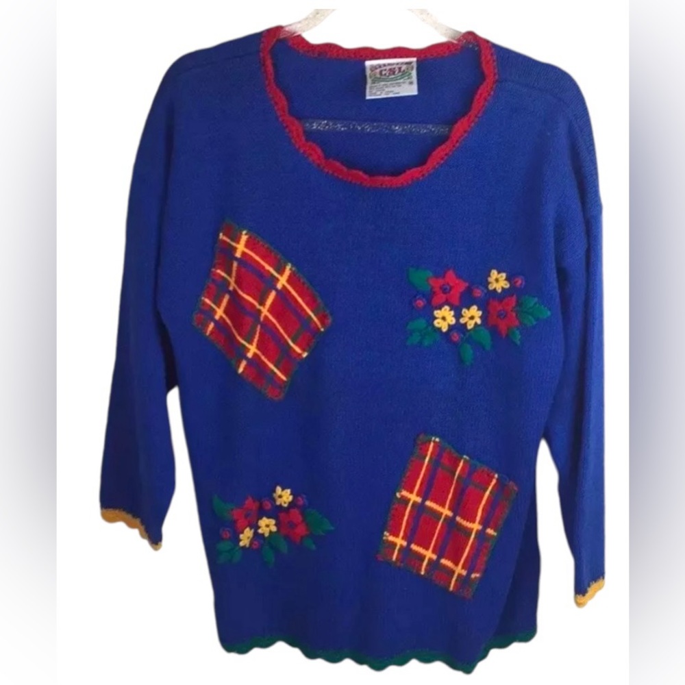 Vintage CSL Cherry Stix LTD Women Medium Sweater Floral Blue Red Yellow Scallop